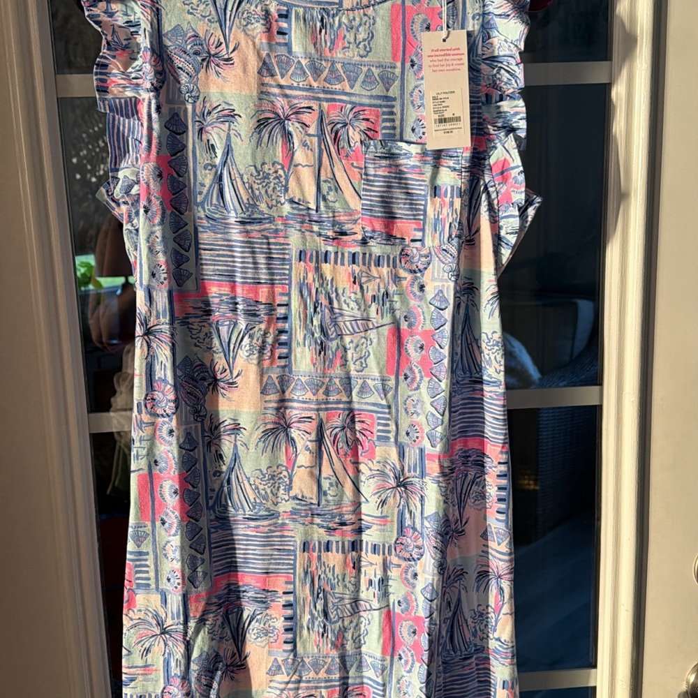 NWT Lilly Pulitzer Laina T-Shirt Dress ruffle blue medium - Picture 2 of 3